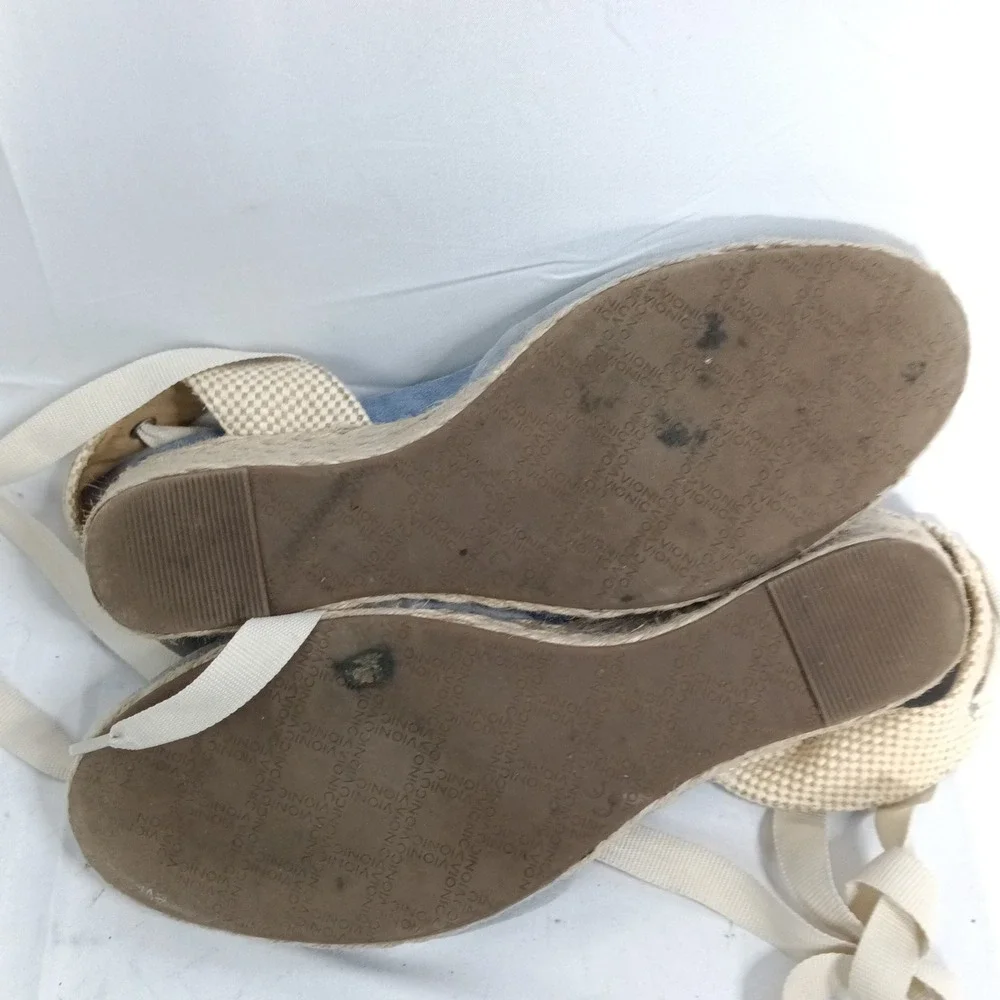 Vionic Womens 9.5 Blue Suede Lace Up Ankle Tie Espadrille Wedge Sandals s8